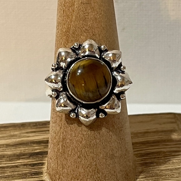 Artisan Jewelry - TIGERS EYE GEMSTONE RING STAMPED 925 SILVER PLATED SIZED 9